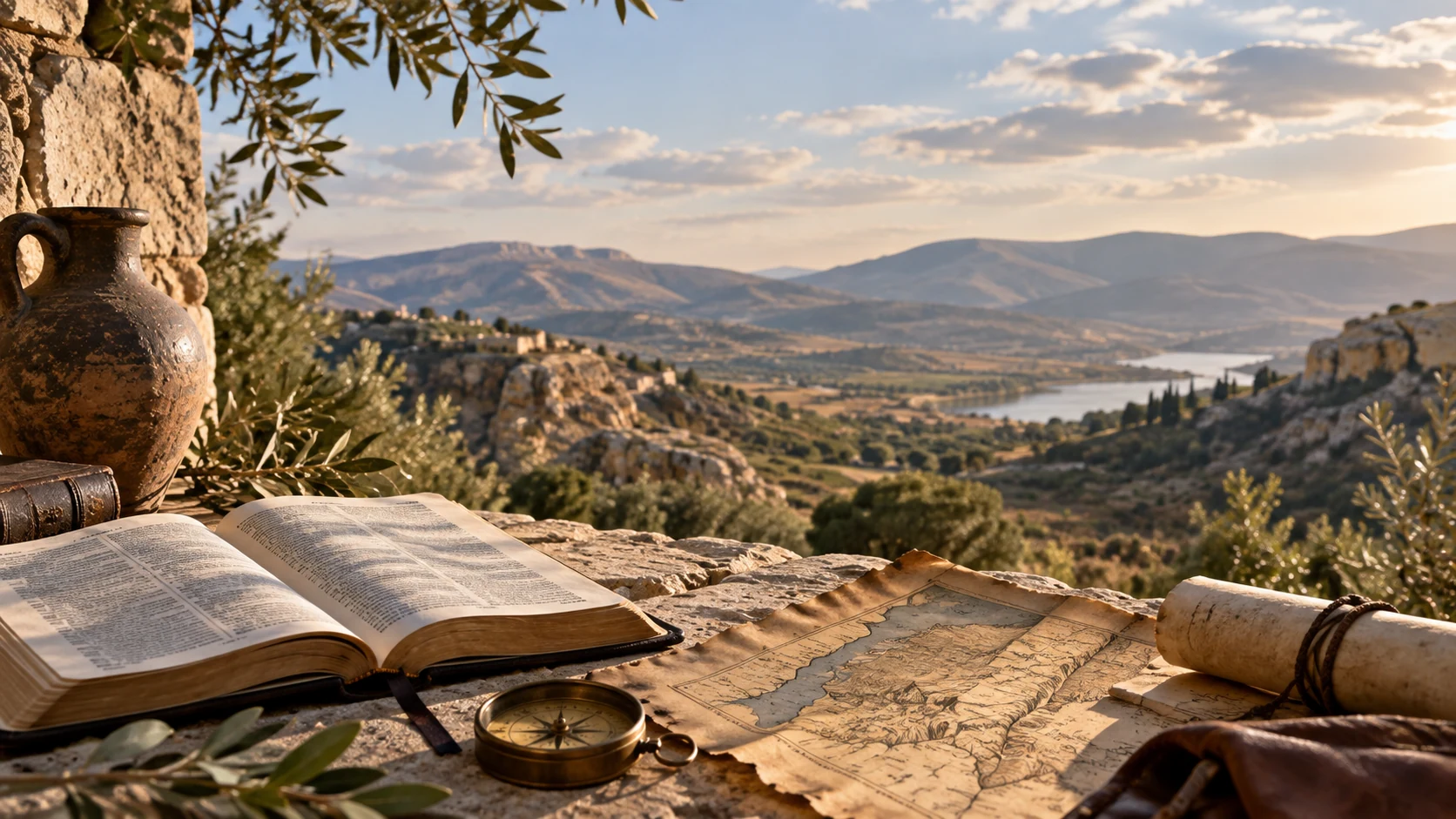 Biblia, mapa antiguo y brújula frente a un paisaje montañoso