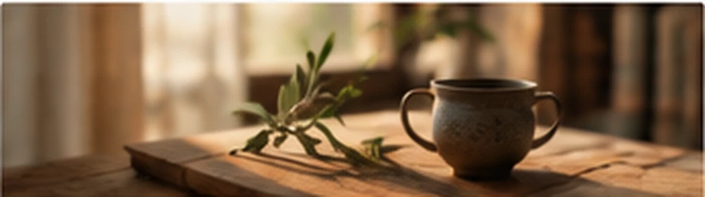 Mesa tranquila con libros, una taza y una rama de olivo
