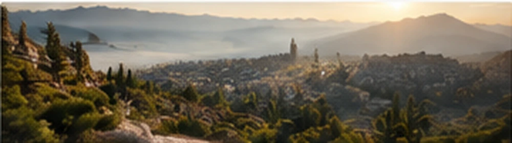 Paisaje amplio de una ciudad entre montañas iluminada por el amanecer