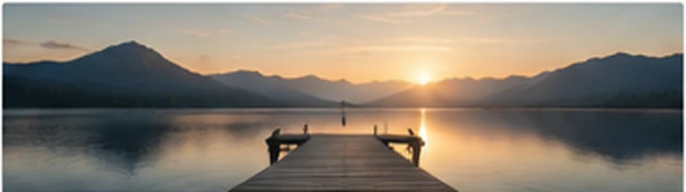 Lago sereno al amanecer con un muelle hacia las montañas