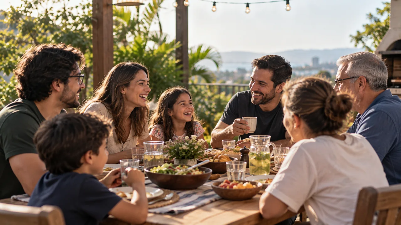 Familia y amigos compartiendo juntos